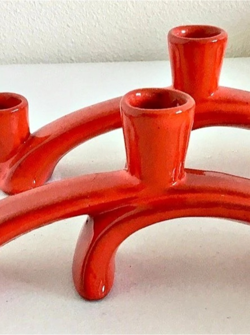 MCM Frankoma Flame Red/Orange Covered Bridge Candle Holders Pair